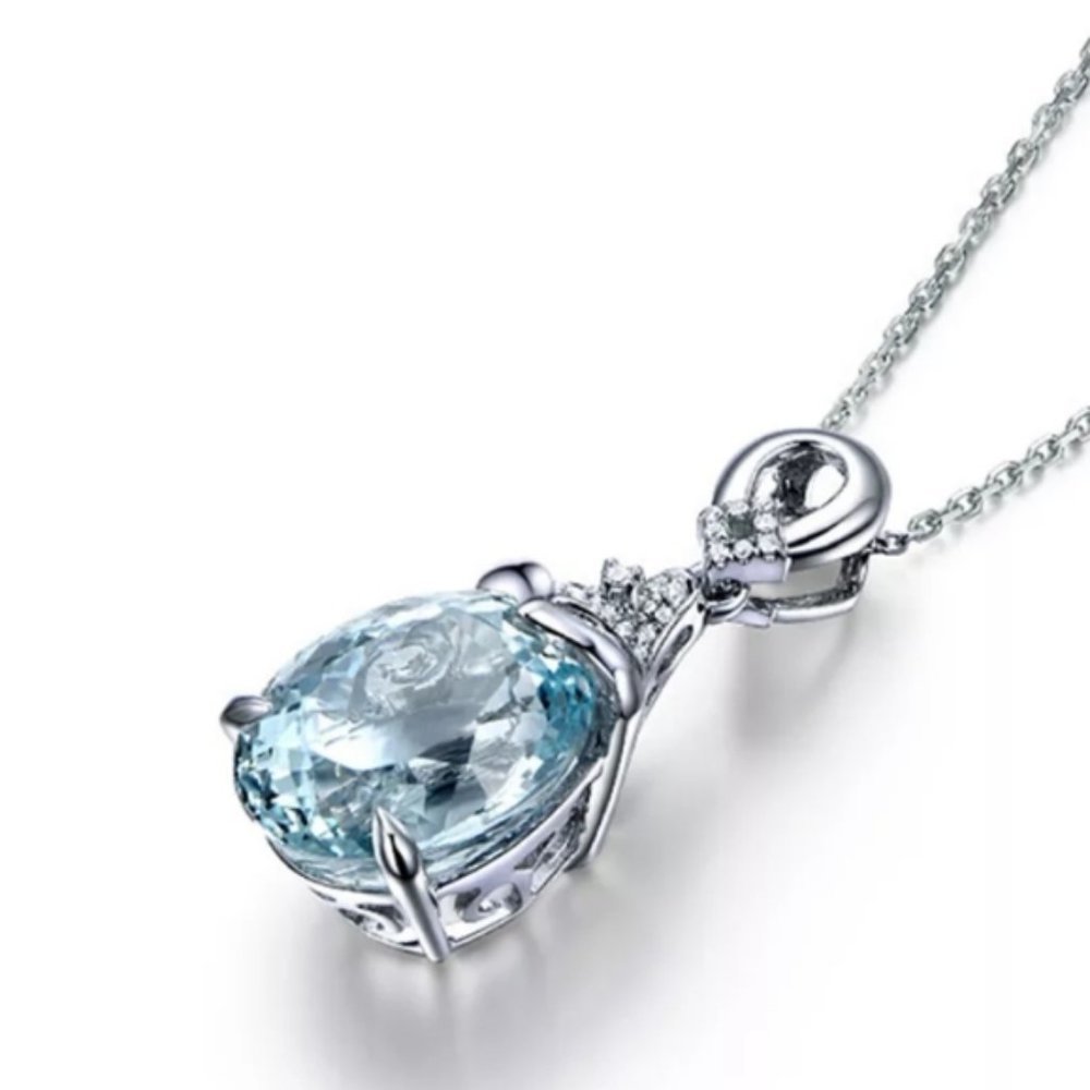 NEW Silver Blue Topaz Diamond Water Drop Necklace - Picture 7 of 8
